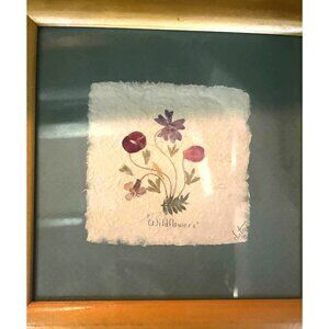 Light Wooden Framed Light Green Mat Pressed Flower Art "Wildflowers" Signed By S